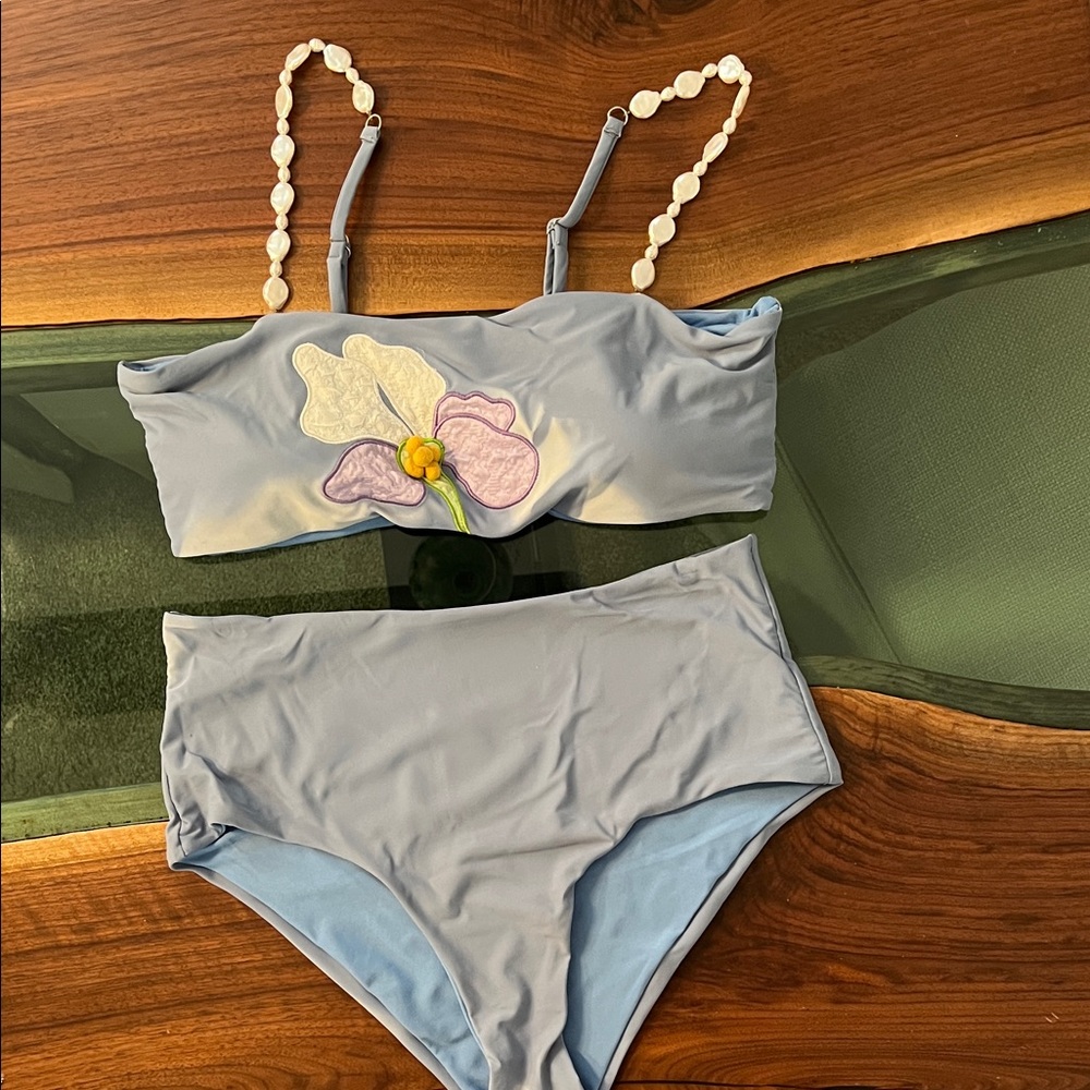 Women’s Light Blue Floral Appliqué Bikini Set with Shell-Strap Details